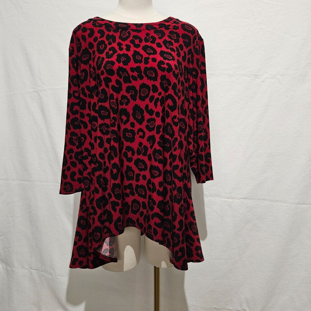 ANNE KLEIN Womens Red Animal Print Long Sleeve Jewel Neck Trapeze Top Plus 1X